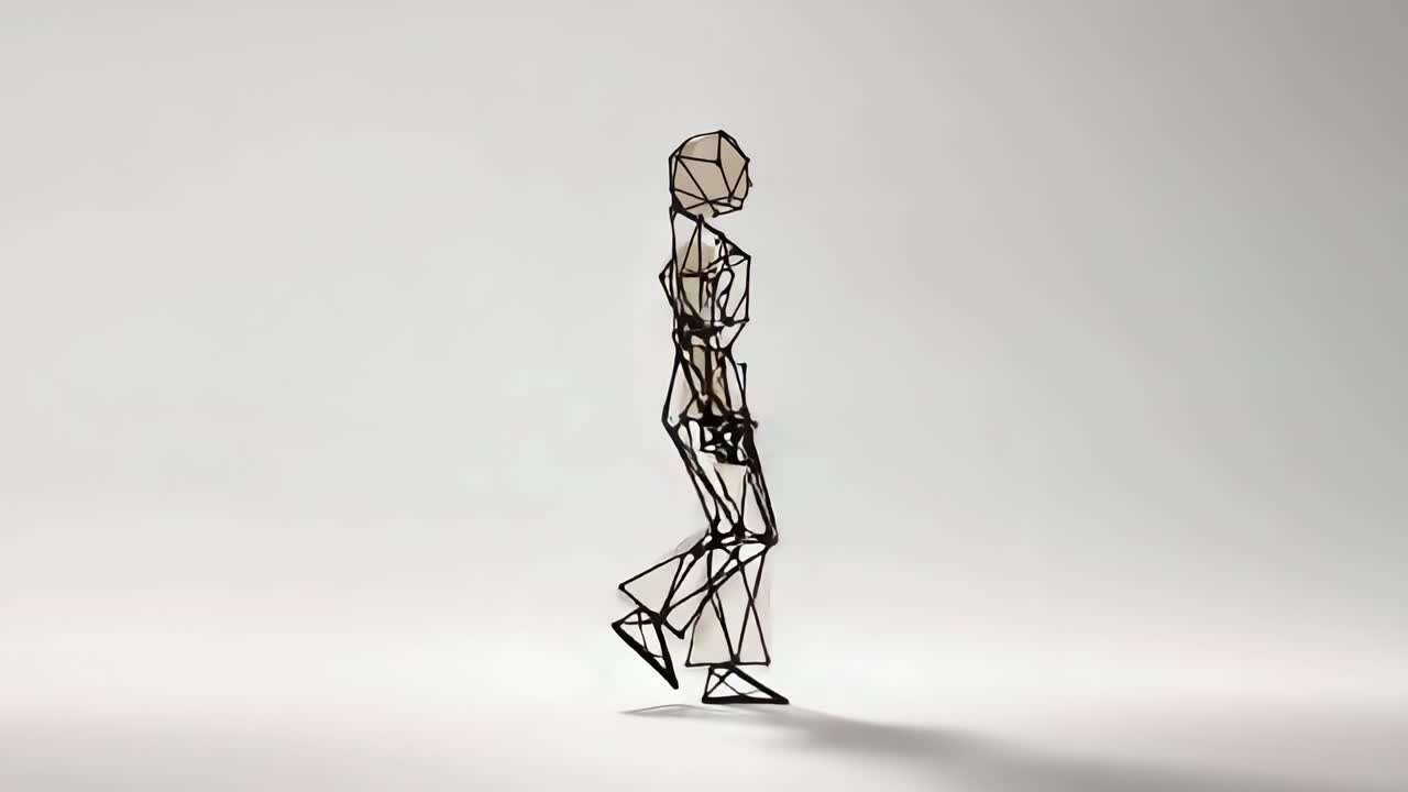 Starting wireframe humanoid figure performing walking cycle in gradient studio, showing motion