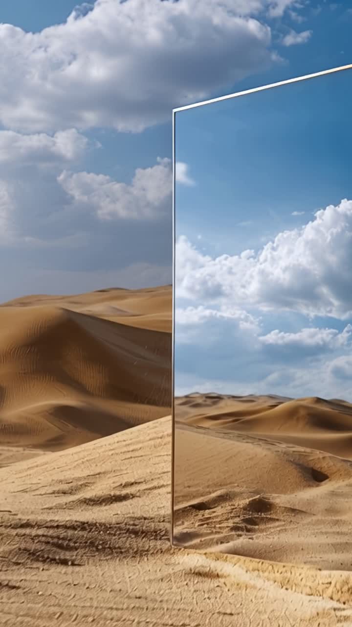 Uno straordinario riflesso nel deserto: uno specchio cattura il bellissimo cielo e le nuvole tra le sabbie dorate di un paesaggio idilliaco.