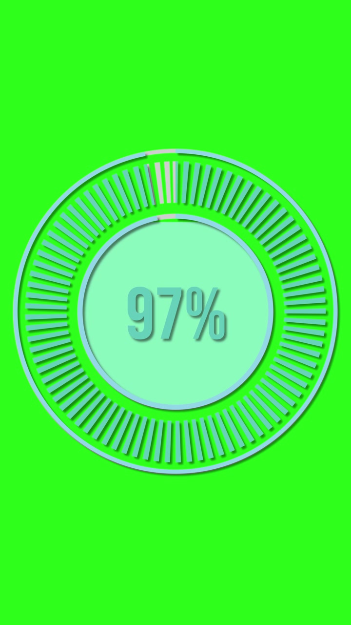 Animazione di una barra di progresso circolare con transizioni fluide su uno sfondo verde vibrante, che mostra percentuali dal 10% al 100%.