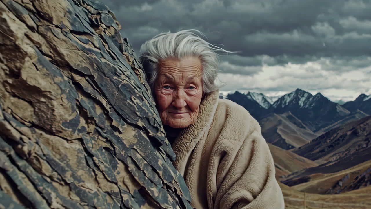 retrato de una anciana en las montañas
