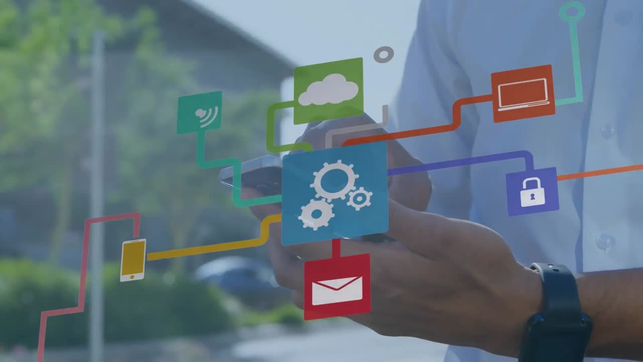 Animation of tech icons and connections over hands of biracial man using smartphone