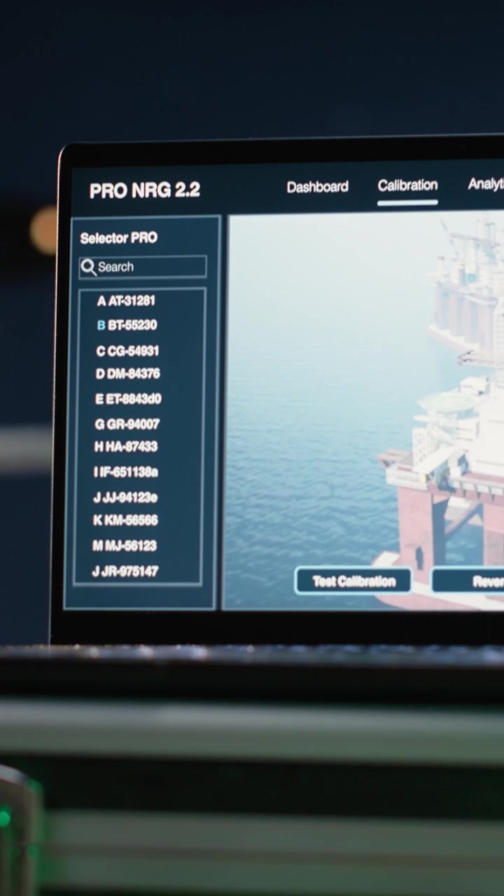 Vertical video Laptop dashboard on drilling barge deck monitoring declining petrol extraction