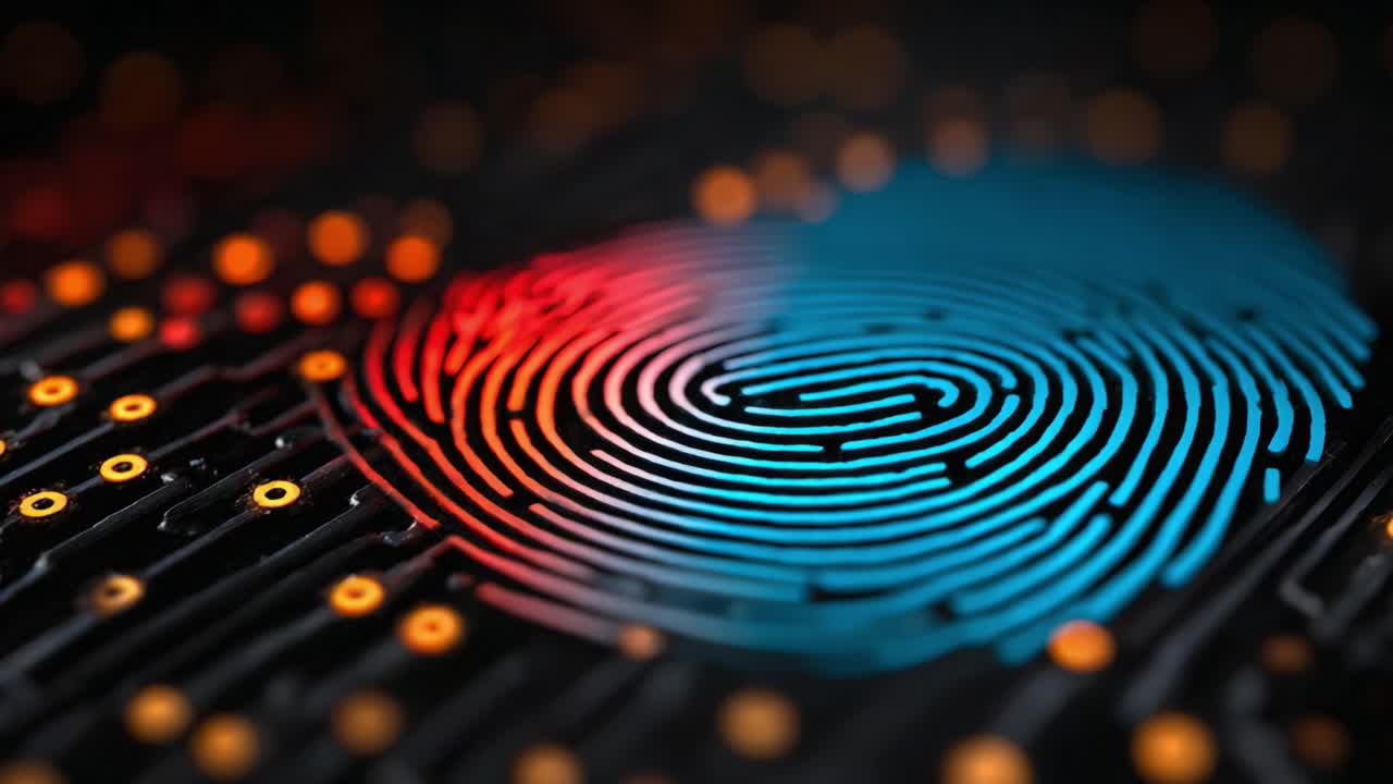 A Close-Up View of an Intricate Fingerprint Design with Vibrant Blue and Red Colors, Surrounded by Glowing Orange Circles on a Dark Background Representing Digital Identity
