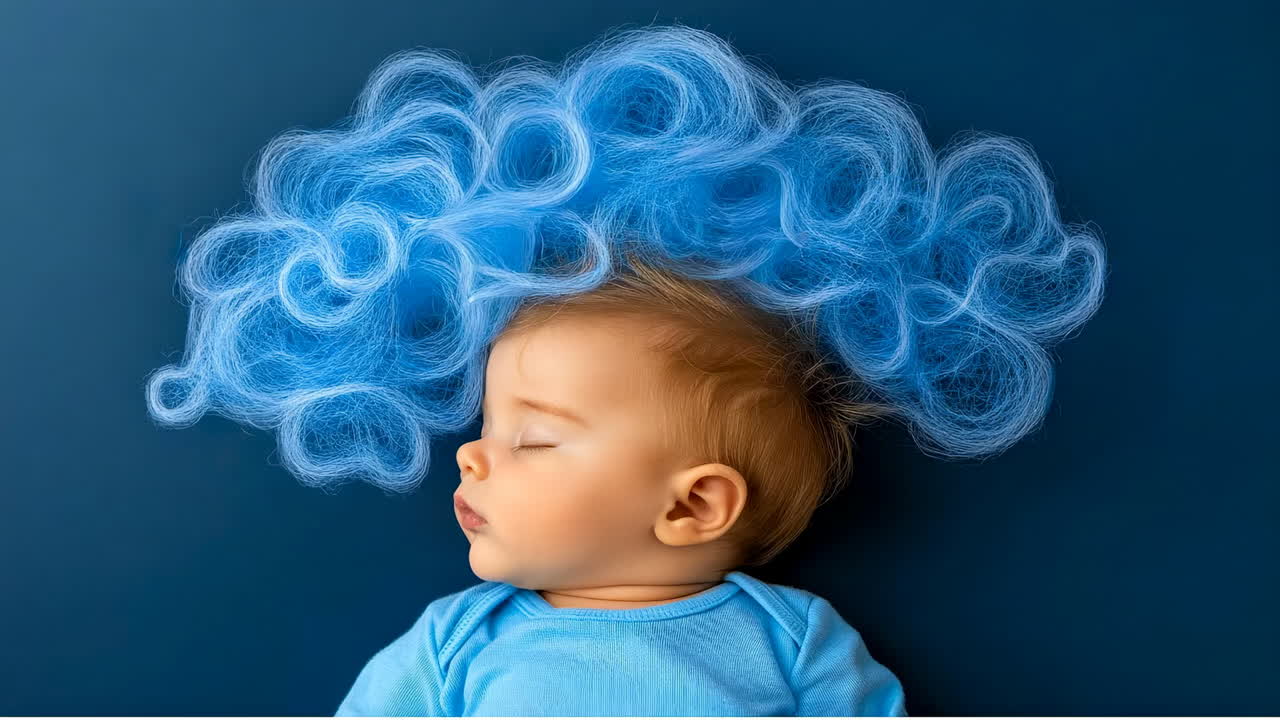 Baby with blue fluffy hair. A joyful baby sleeps peacefully with fluffy blue curls on their head against a contrasting dark background