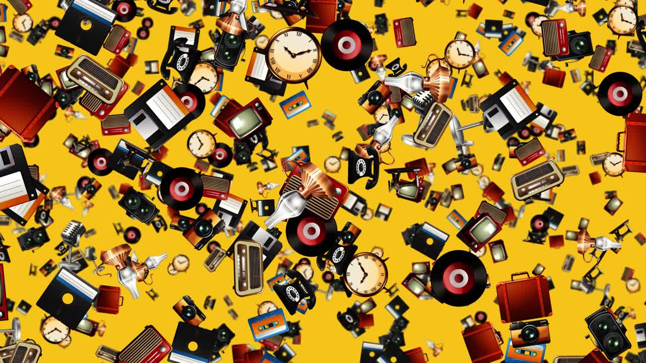 Vintage technology and household items fall vertically in a dense pattern over yellow background