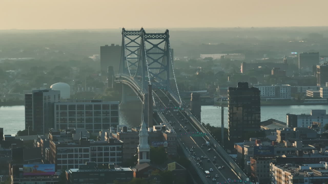 Aerial view of the Ben Franklin Bridge at sunrise. Shot in Philadelphia, Pennsylvania