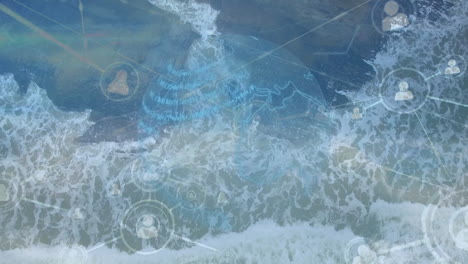 animación de globo y puntos conectados por líneas sobre vista aérea de olas salpicando en el mar