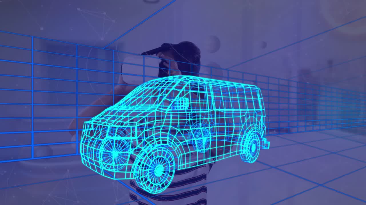 animación de dibujo técnico 3d de la furgoneta, sobre la mujer en casa con auriculares vr