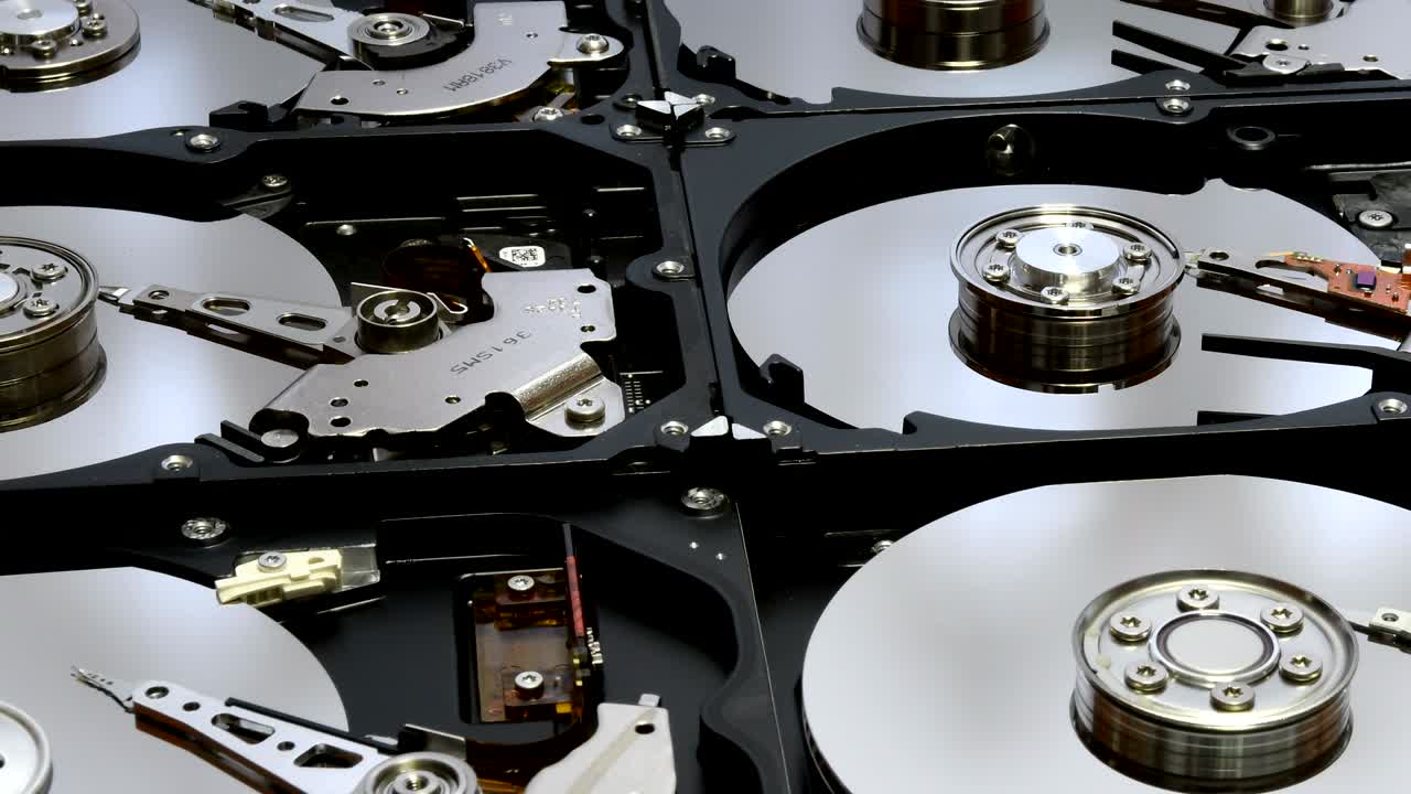 closeup on open hard disk drives. UHD Video. Nikon D500