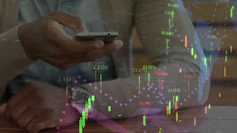 animación del procesamiento de estadísticas sobre un empresario que usa un teléfono inteligente