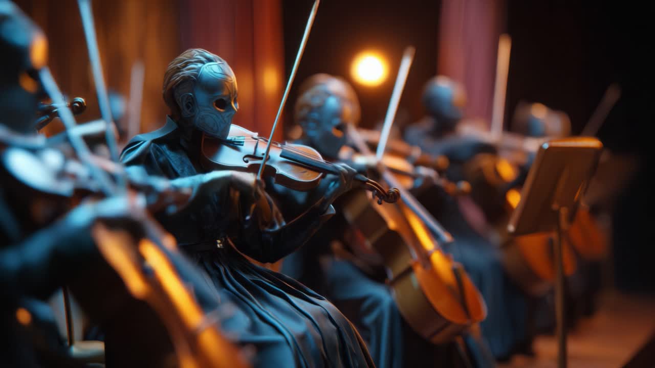 Eine ätherische Darbietung mit maskierten Musikern, die Streichinstrumente in einem dramatischen Ambiente spielen und das Publikum mit ihren eindringlichen Melodien fesseln.