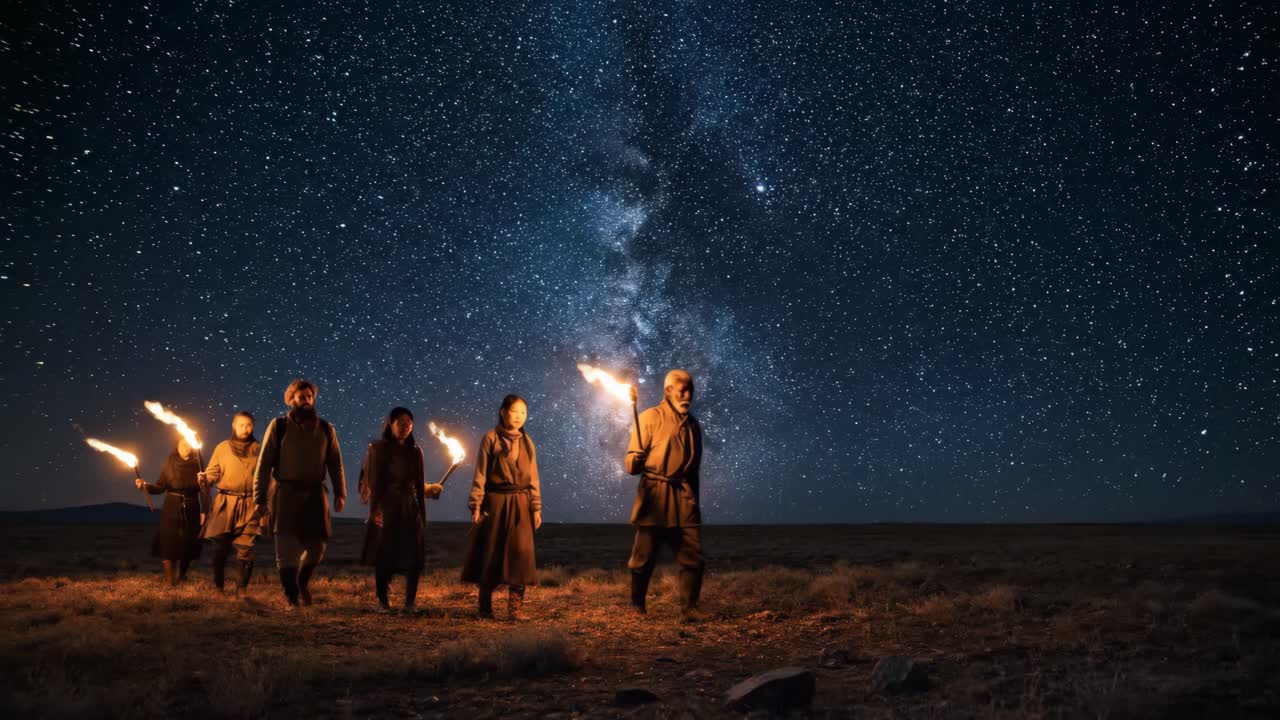 A Group Journeying Through a Starry Night