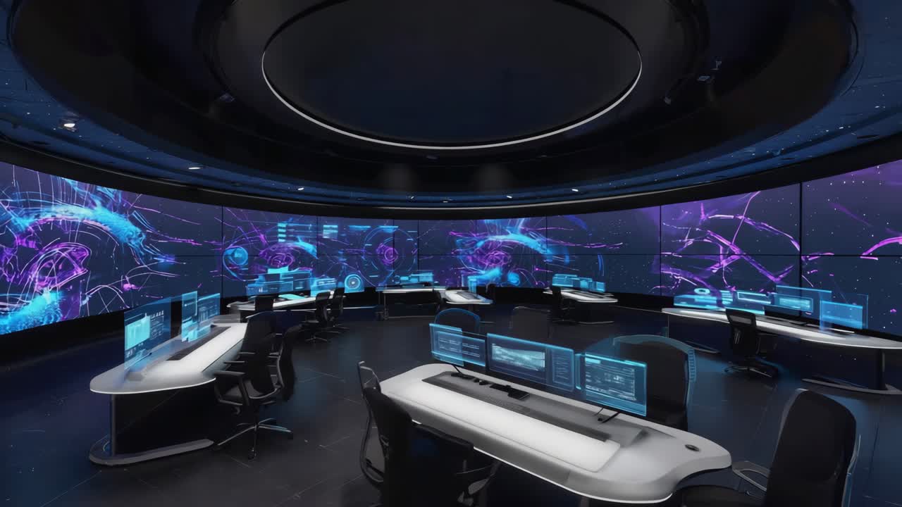 Futuristic Control Room with Advanced Digital Displays