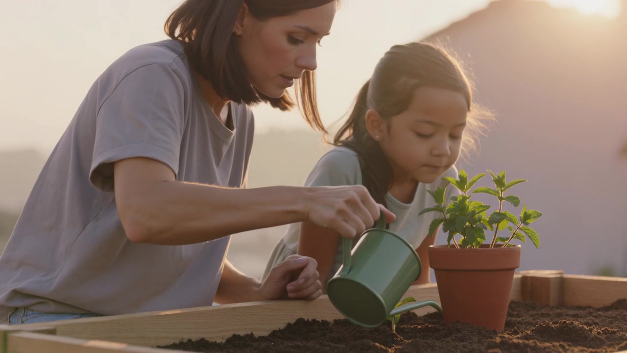 Mom guiding girl, firming soil, pouring water from green can on balcony planter, settling seedling
