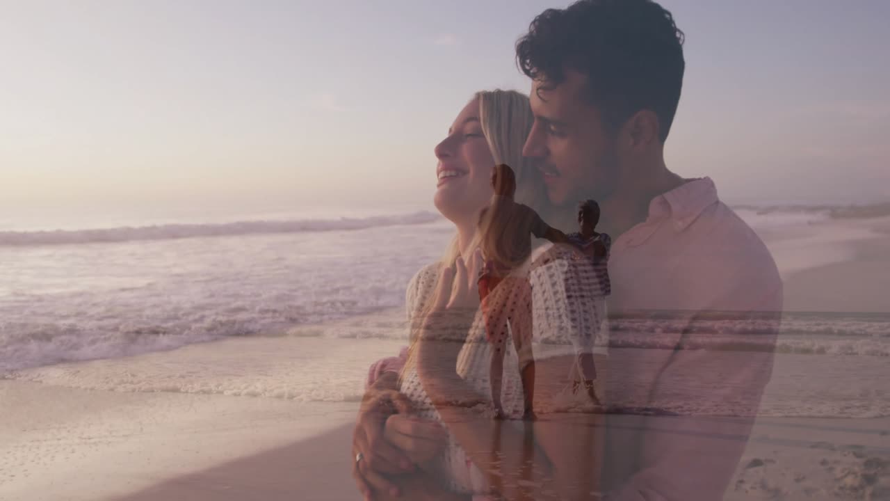 Casal se abraçando na praia ao pôr do sol, com um gráfico flutuante de análise de negócios e um ícone de coração