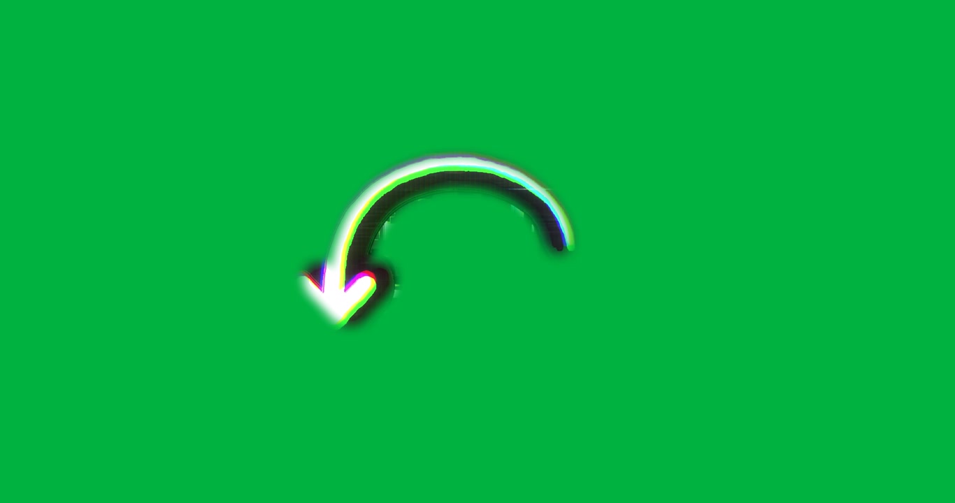 Neon tremolante su tela trasparente che si curva in una freccia, glitch pulsante che si trasforma in un cuore che svanisce