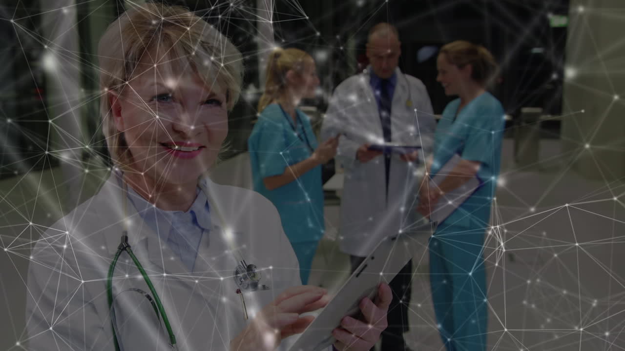 태블릿을 사용하는 다양한 의사를 통한 연결 네트워크의 애니메이션