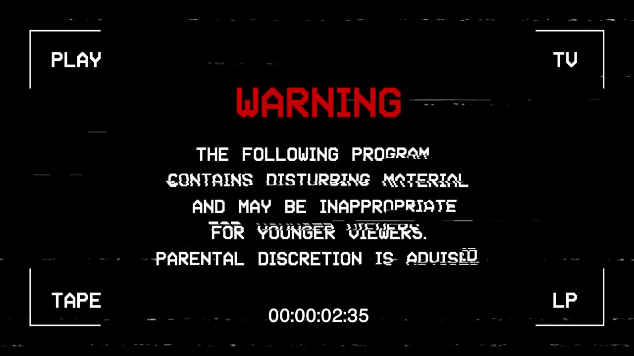 Retro VHS Warning Screen with Glitch Effect and Parental Discretion Message