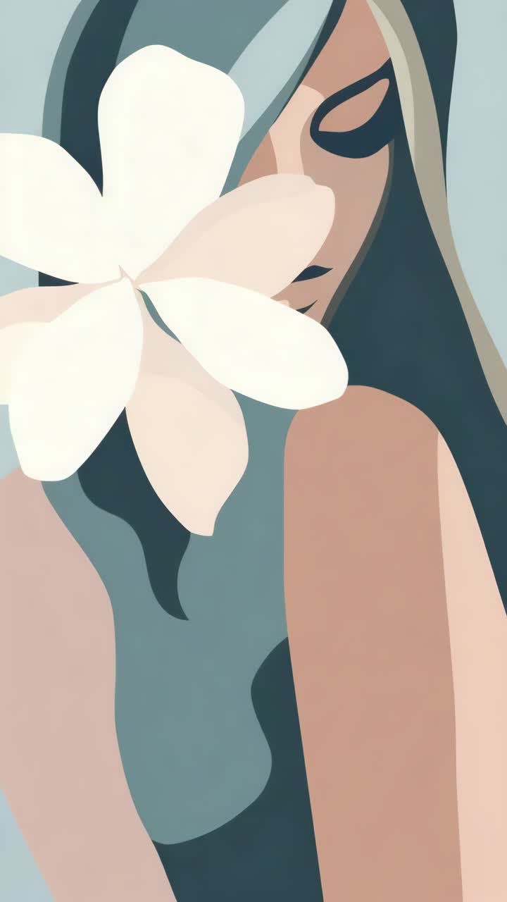 Arte de vídeo abstrata de uma mulher com uma flor, com cores pastel suaves e um ângulo de perfil lateral