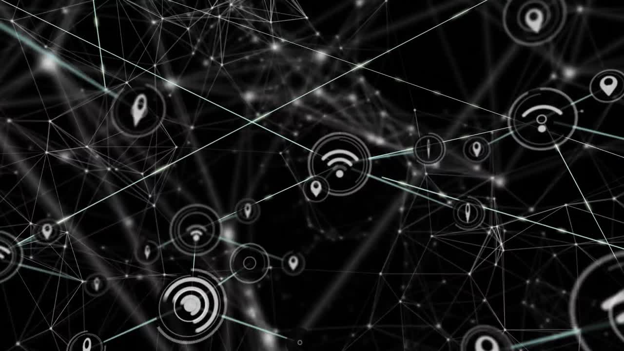 animación de la red de conexiones con iconos en fondo negro