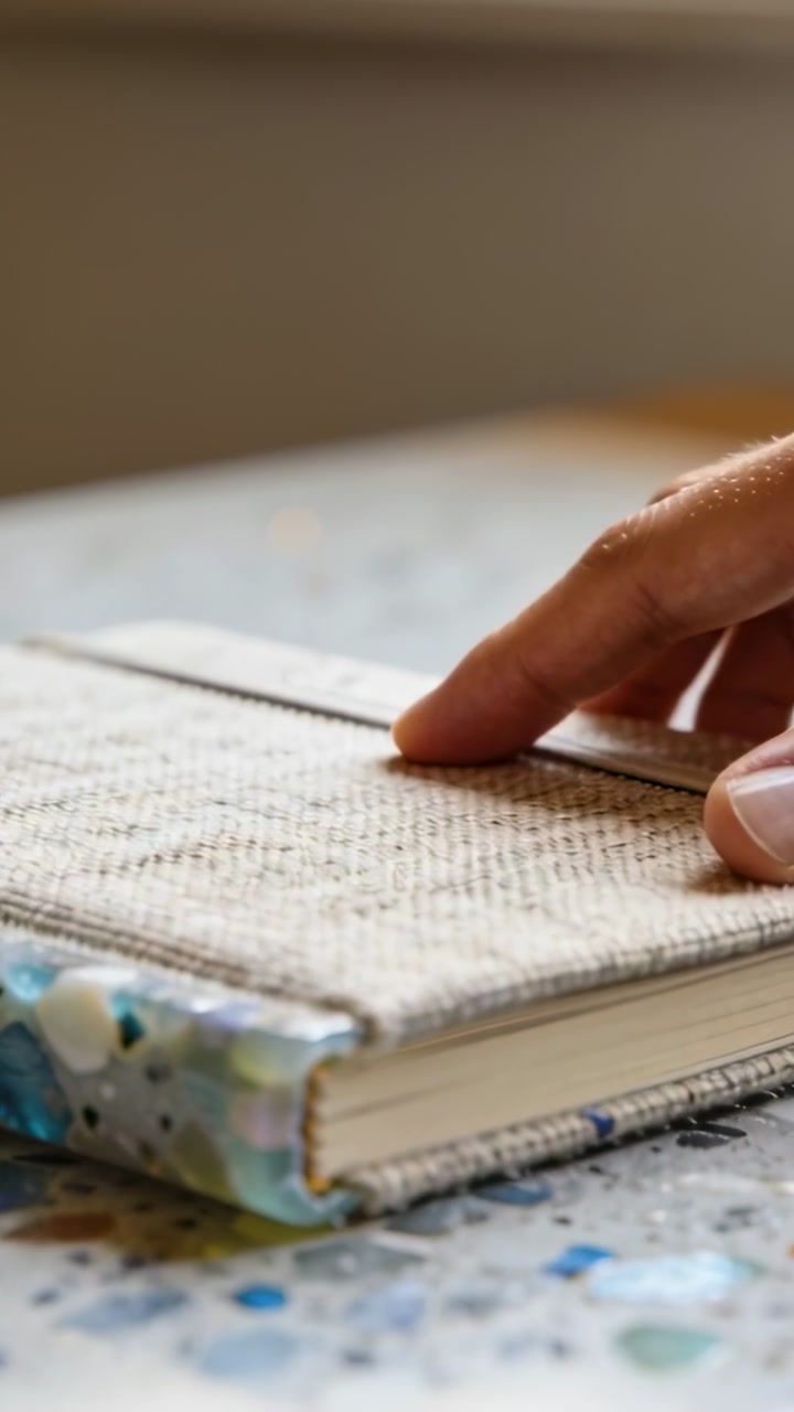 Vertical video: Entering right finger touching strap on resin-spined linen book on desk to open