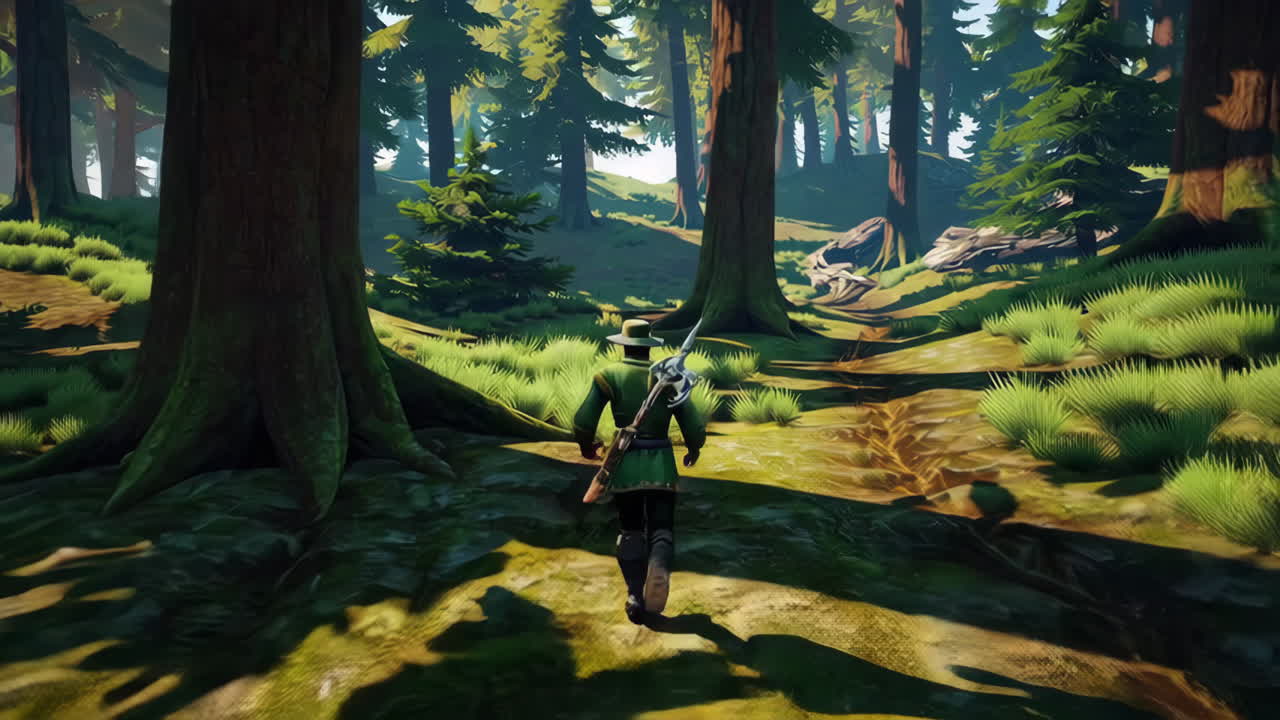 un hombre camina a través de un bosque soleado