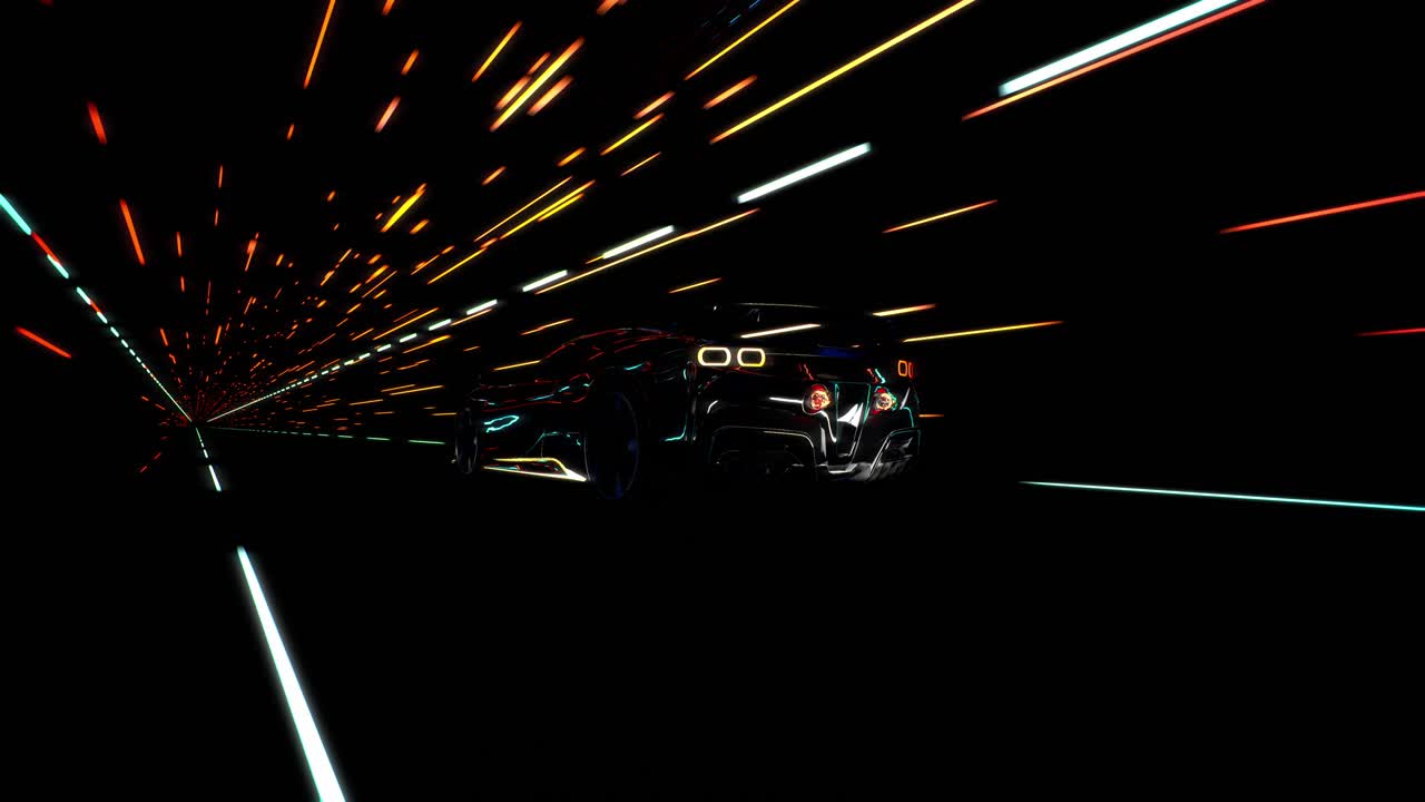 3D Speeding Sports Car On Neon. Powerful Acceleration Of A Supercar On A Night Track With Colorful Lights And Trails. 3D Animation