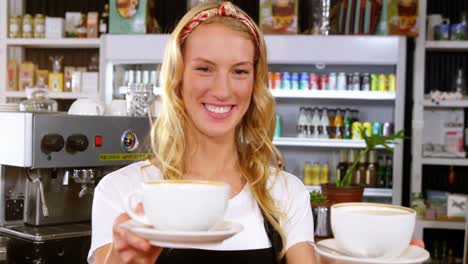 portrait of smiling waitress offering cup of coffee