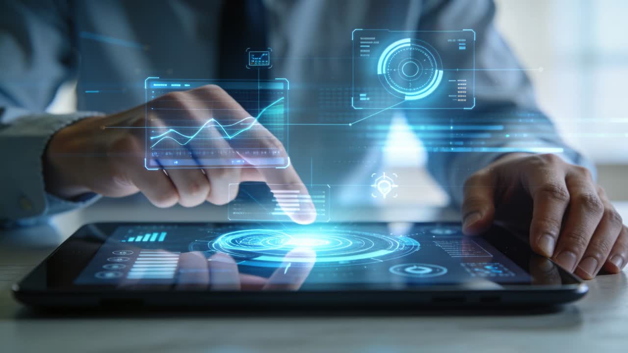 Vertical video: Tapping exec's left finger touching tablet at desk, showing AR UI data, wearing tie