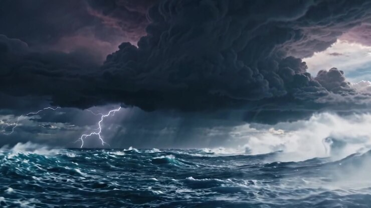 Un paesaggio marino drammatico: dalle onde turbolente alla minaccia di fulmini in un cielo oscurato, catturando l'atmosfera di una tempesta imminente sulla superficie dell'oceano.