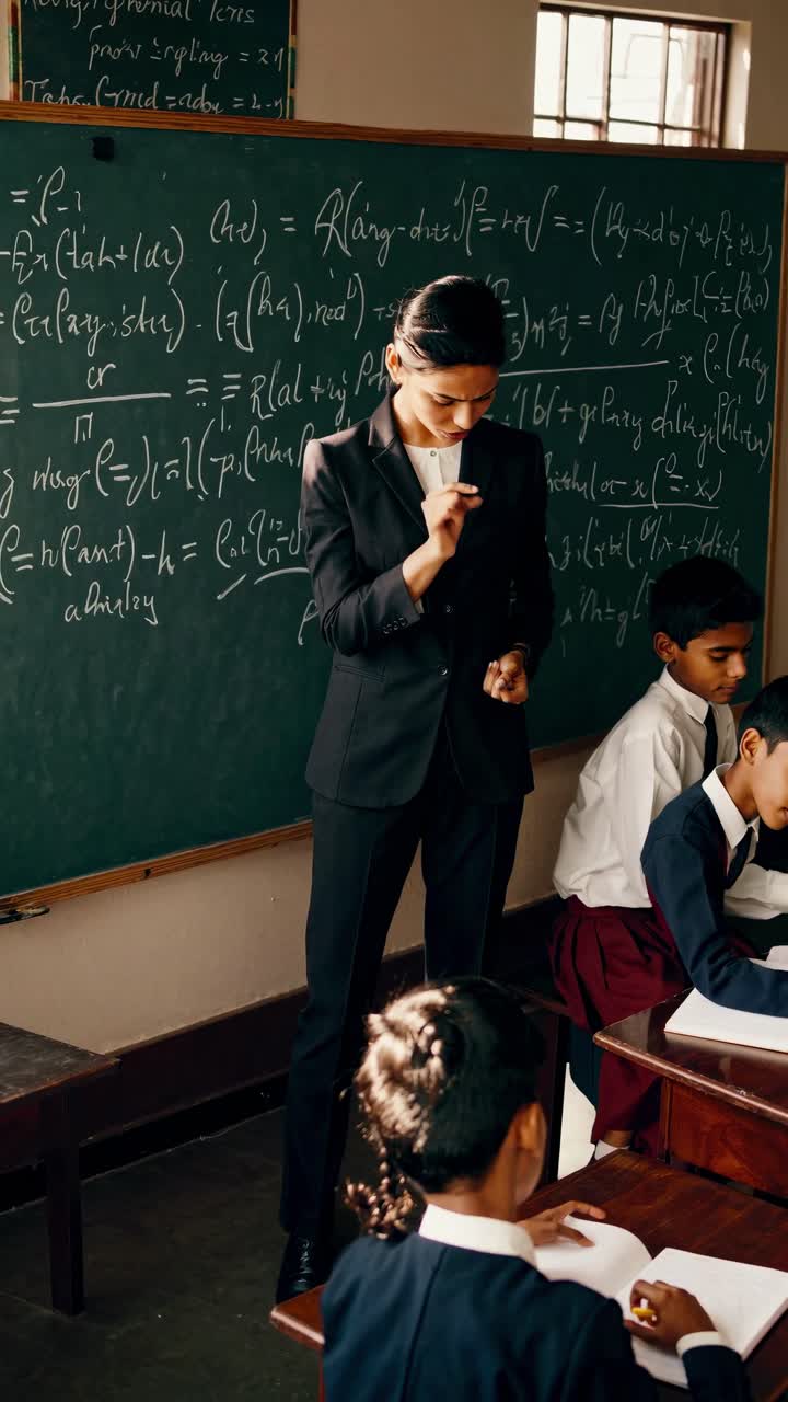 A teacher in a classroom explaining math concepts on a chalkboard