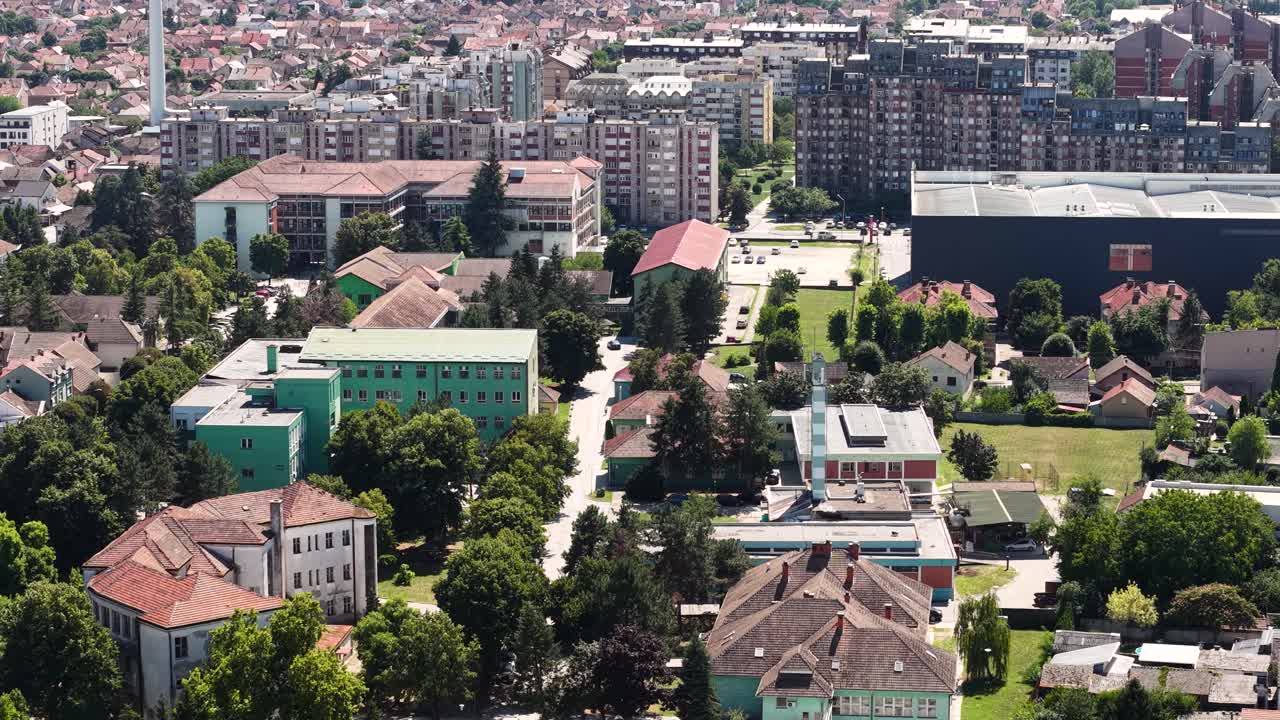 Drone Shot of Sabac, Serbia. Downtown Residential Buildings and Parks on Sunny Summer Day