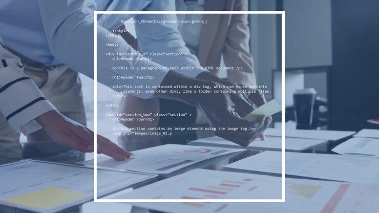 Code overlay appearing, scrolling then fading, revealing hands, team reviewing business charts