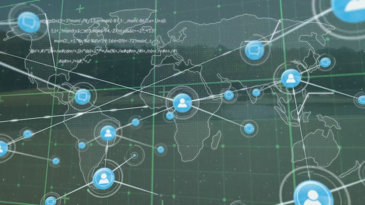 연결 네트워크의 애니메이션 및 그리드 및 세계 지도에 대한 데이터 처리