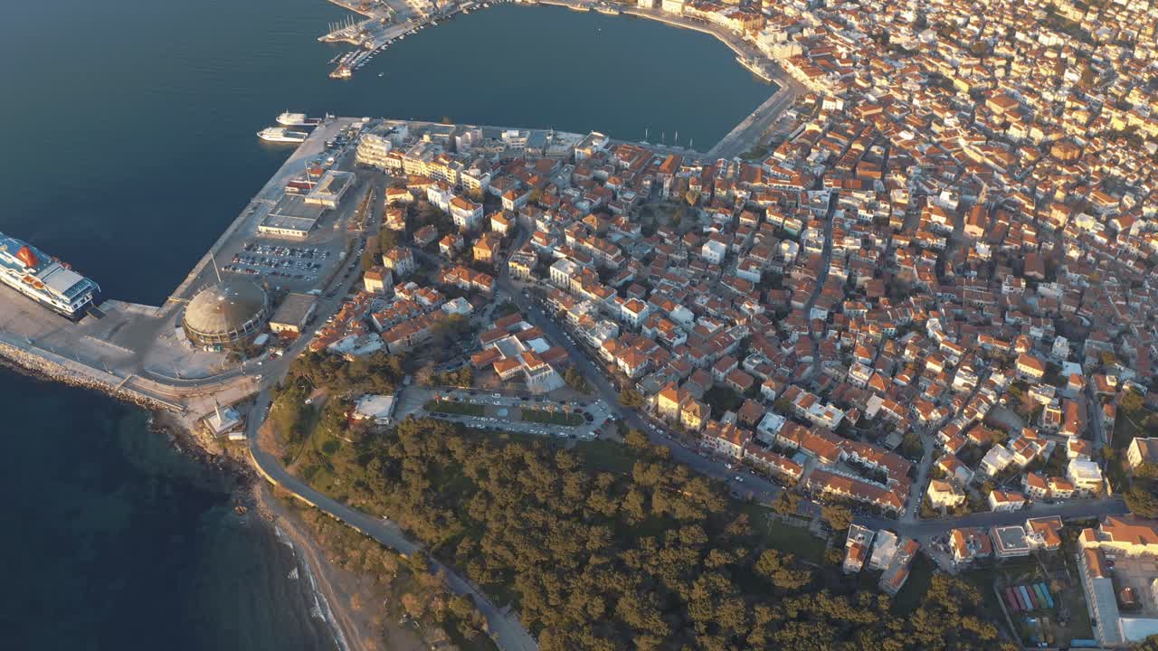 Aerial View Over Port Of Lesbos In Mytilene City, Greece, Drone perspective
