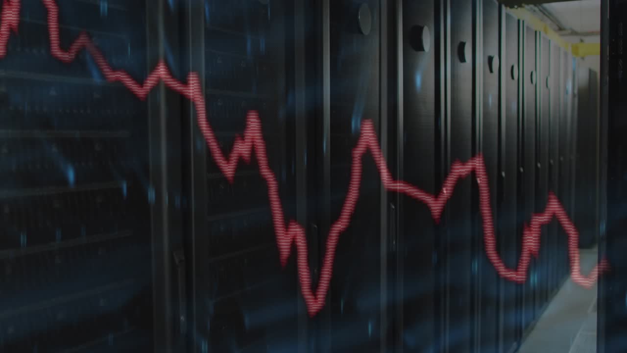 Red fluctuating trace animating over server racks, callouts updating with incoming feed starting