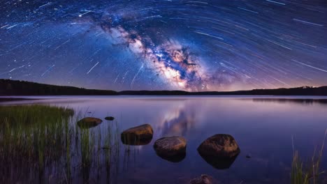 milky way and star trails reflected in a serene lake at night