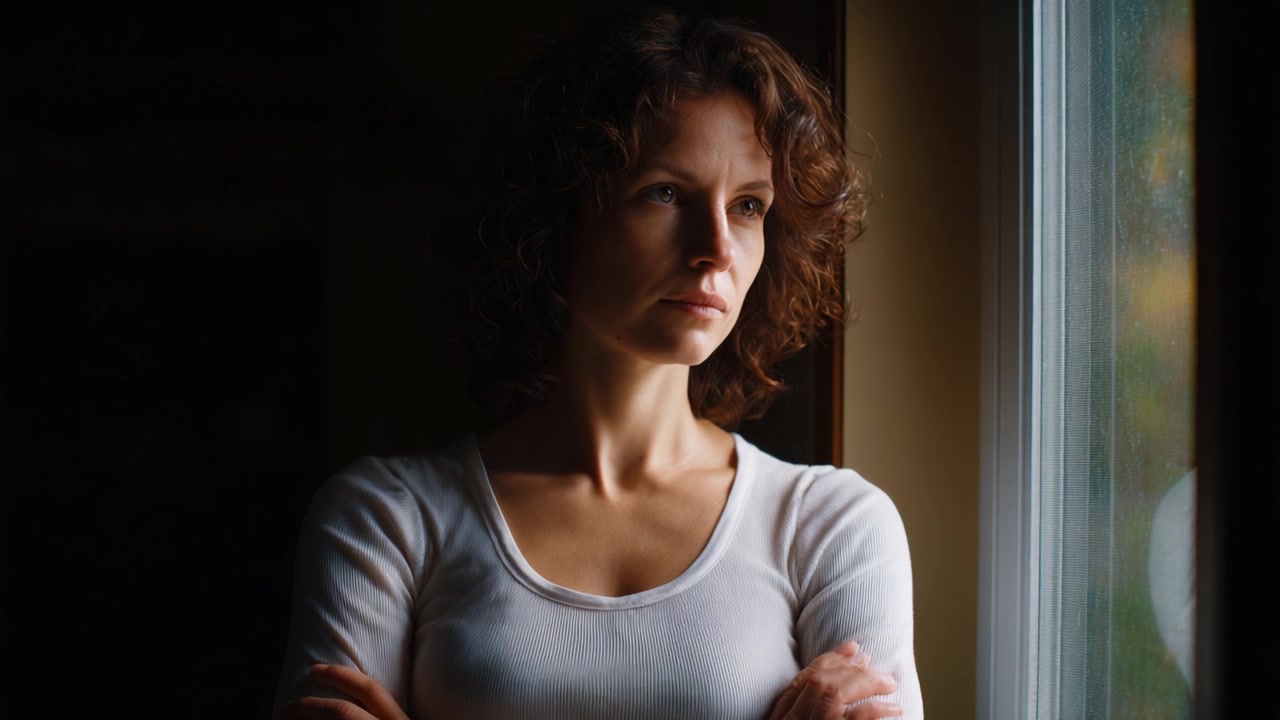 Donna contemplativa che guarda pensierosa attraverso una finestra, abbracciando momenti di quieta riflessione mentre è circondata da luce fioca e ombre.