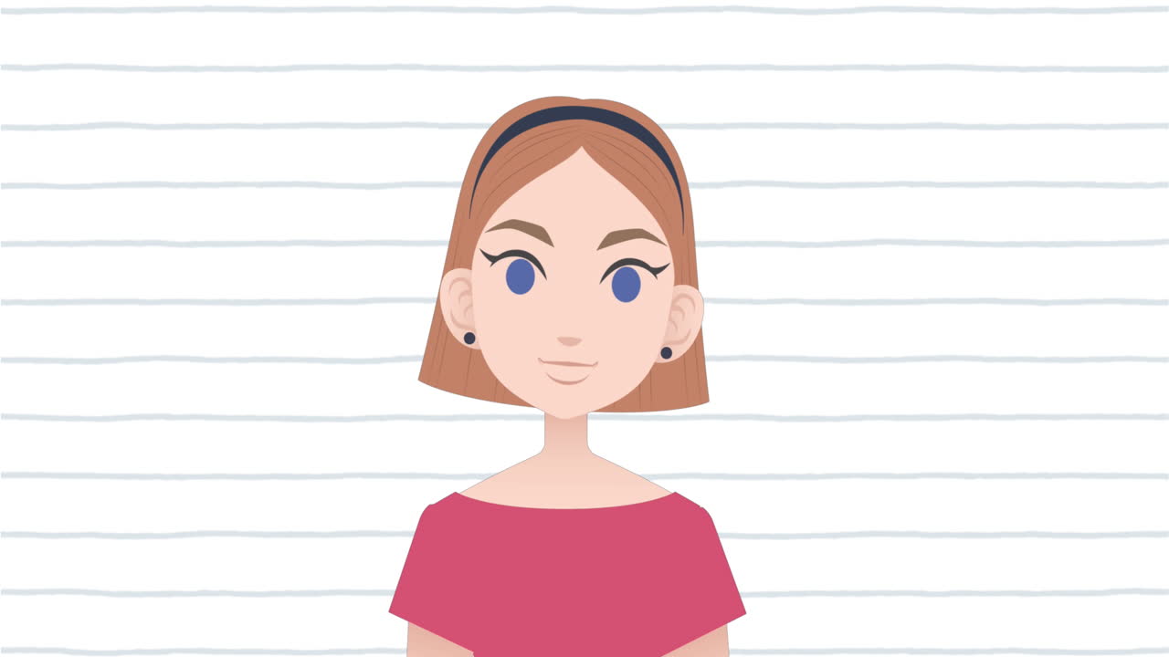 Animazione di una donna che parla con icone scolastiche in sovrimpressione