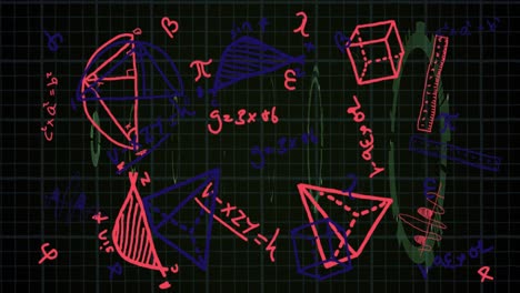 animación de ecuaciones matemáticas y escáner redondo verde contra fondo negro