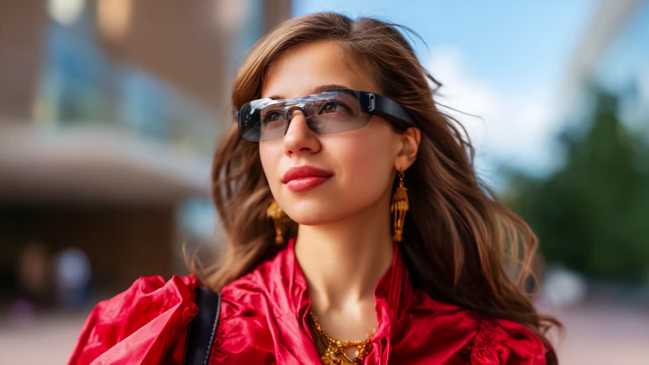 Retrato cativante de uma mulher elegante em um look vermelho vibrante com óculos de sol, exalando confiança e elegância em um cenário urbano iluminado com um plano de fundo panorâmico