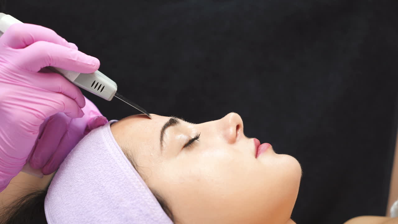 Ultrasonic cleaning of face in cosmetology salon. Cosmetic procedures for the face.