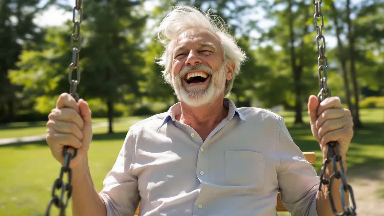 Carefree elderly man having fun on a swing in a sunny park, enjoying retirement and expressing joy