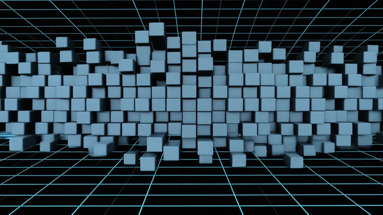Abstract 3D Animation of Moving Blue Cubes on a Digital Grid