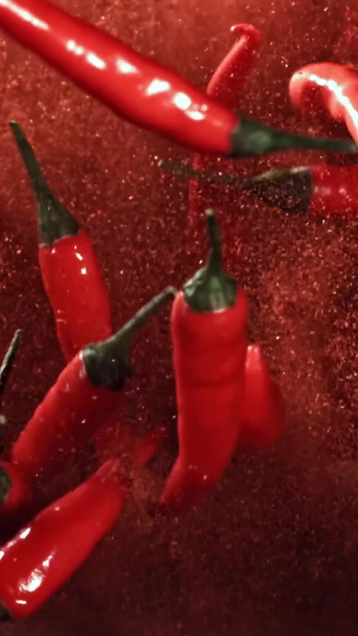 Red Chili Peppers and Spicy Powder Swirling in Slow Motion