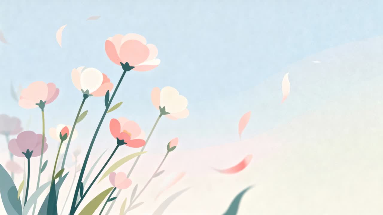 왼쪽 초록색 줄기에 달린 분홍색 크림색 꽃들이 바람에 흔들려 기울며 꽃잎을 날리는 모습, 카피 공간.
