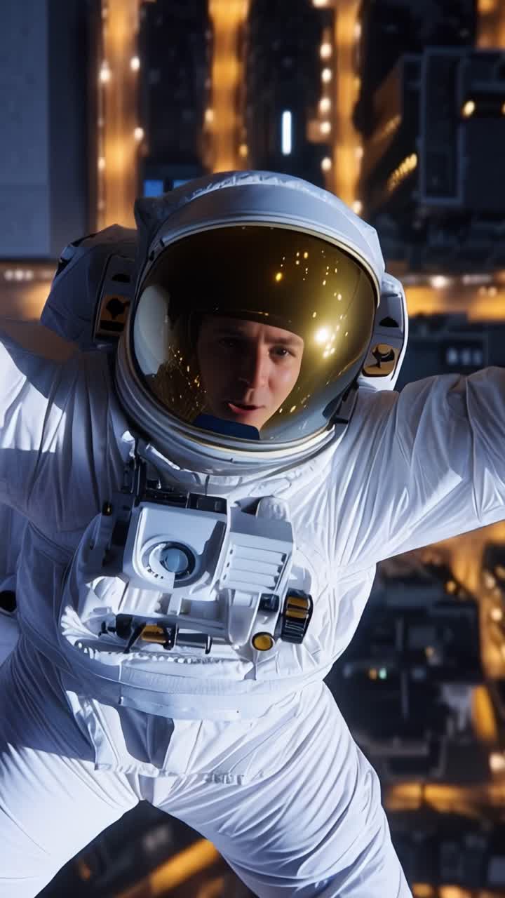 An Astronaut Floating Above a City at Night, Capturing the Stunning Urban Lights and Aerial Perspective in a Breath-taking Cosmic Adventure