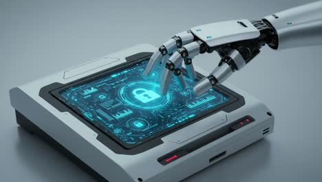 a robotic hand interacting with a high-tech security interface, highlighting the integration of ai and cybersecurity in modern technology solutions