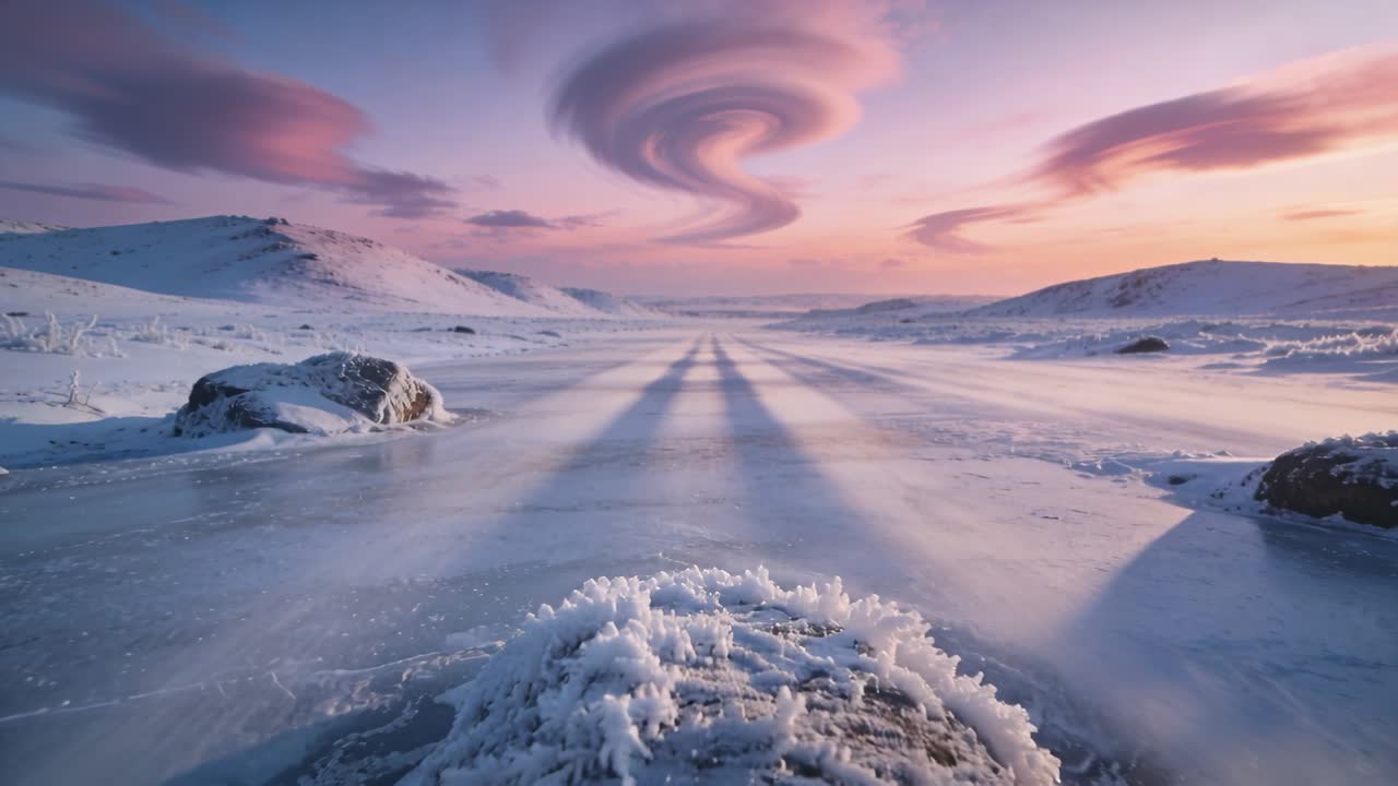Video verticale: Telecamera che panoramica e avanza, rivelando un tumulo ghiacciato nella pianura con una nuvola a spirale
