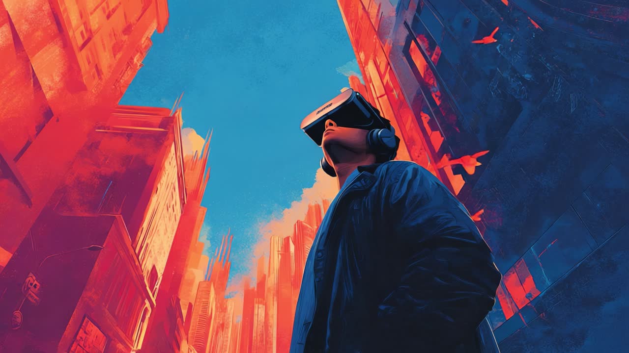 A futuristic cityscape is depicted in immersive visuals, showcasing a person wearing a virtual reality headset while surrounded by towering buildings and vibrant colors, symbolizing the convergence of technology and urban life